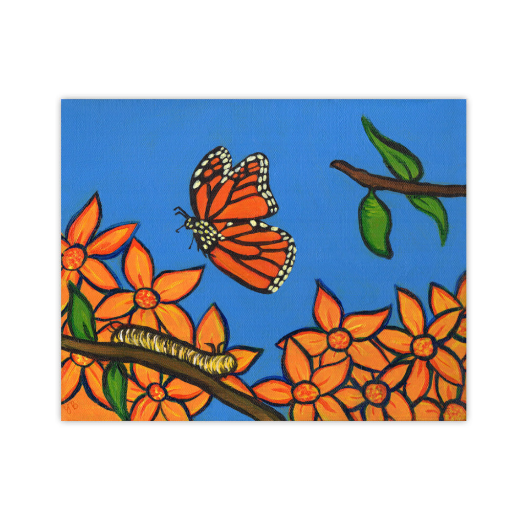 A colourful print on an easel of a painting that depicts a monarch butterfly in mid-flight against a bright blue sky. Below the butterfly, a yellow caterpillar crawls along a branch. The branch extends into vibrant orange flowers on the left and a green chrysalis hanging on the right. NZ Art Print, surreal, giclée . Flutter to Bloom