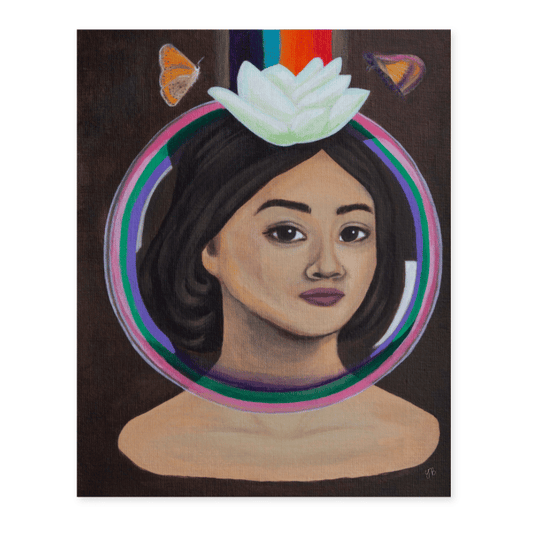 A portrait of a woman sitting in a mudpool, up to her shoulders. She has dark eyes and short hair. A white lotus flower sits on her head, with a rainbow of blue, cyan, orange and red beams rising from it. A protective bubble of pink, green and purple surrounds her. Two moths hover by the lotus.