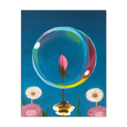 A print of a painting. A translucent blue bubble containing a single pink flower bud. The sphere rests on top of a green stem with a bumble bee reflected below. Two white dandelions and a purple flower are visible in the background against a vibrant blue sky. Surrealism Wall Art Prints, giclée. Flutter to Bloom