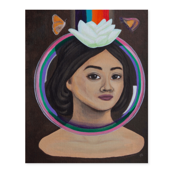 A portrait of a woman sitting in a mudpool, up to her shoulders. She has dark eyes and short hair. A white lotus flower sits on her head, with a rainbow of blue, cyan, orange and red beams rising from it. A protective bubble of pink, green and purple surrounds her. Two moths hover by the lotus.