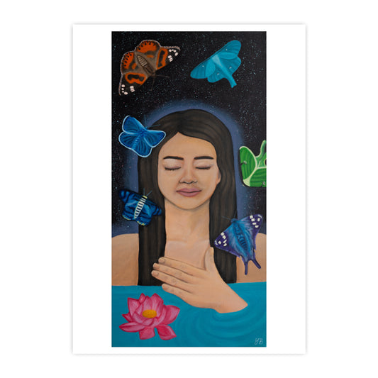 An A3 print of a painting of a serene woman with her eyes closed, her hand resting on her chest as she floats peacefully in water. Above her is a starry night sky. Multiple colourful moths flutter around her head, which she ignores. A pink lotus flower floats on the water near her, further enhancing the calming and meditative mood of the artwork. NZ Artwork Prints, giclée. Flutter To Bloom