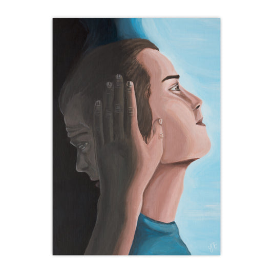 An A4 print shows two faces in profile, transitioning from shadow to light. On the left, the face is dark, with a sombre expression. A hand, also in shadow, gently rests on the side of their head. On the right, the same face appears in the light, looking upward with a peaceful, hopeful expression. The background transitions from dark on the left to bright, sky-blue on the right, symbolising a journey from darkness to light, or despair to hope. large wall canvas painting, low self value. Flutter to  Bloom