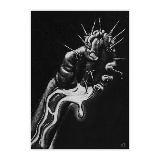 An A4 monochromatic artwork displayed on a wooden easel. The artwork features a highly detailed black-and-white illustration of a clenched hand, pierced by multiple sharp thorns. A white liquid-like substance appears to be dripping from the wounds and flowing down the arm. The dark background contrasts with the stark white highlights, creating a dramatic effect. The artist's initials, "YB," are visible in the bottom right corner.  giclée wall art print, NZ Art Print, NZ artwork prints. Flutter to Bloom 