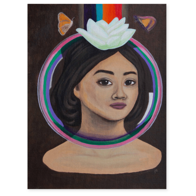 A portrait of a woman sitting in a mudpool, up to her shoulders. She has dark eyes and short hair. A white lotus flower sits on her head, with a rainbow of blue, cyan, orange and red beams rising from it. A protective bubble of pink, green and purple surrounds her. Two moths hover by the lotus.